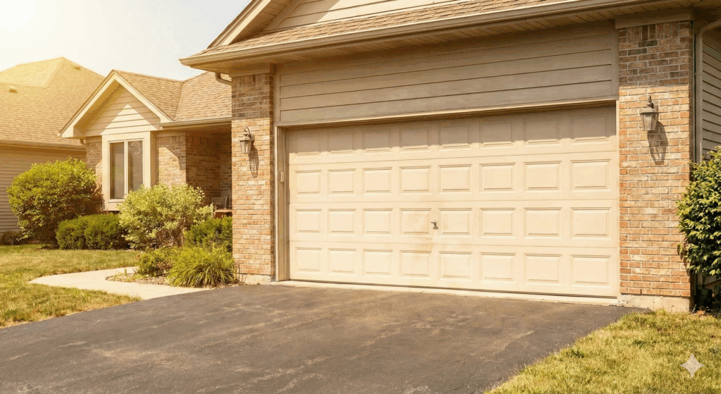 facing direct sunlight on a suburban Prairie Village home with brick and siding during a bright summer day