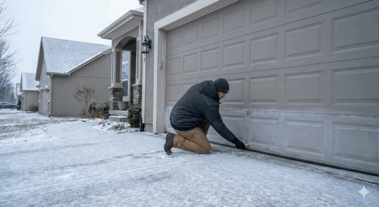 inspecting the frosty bottom seal of a beige residential garage door