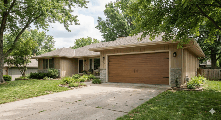 A natural-light photograph of a tan ranch-style home with a modern, wood-look garage door featuring dark hardware, set in a landscaped yard with mature trees.